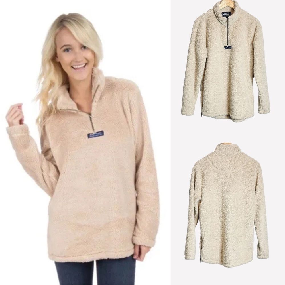 Lauren James Preptec Sherpa Pullover Size Medium Side Zips Quarter Zip Beige